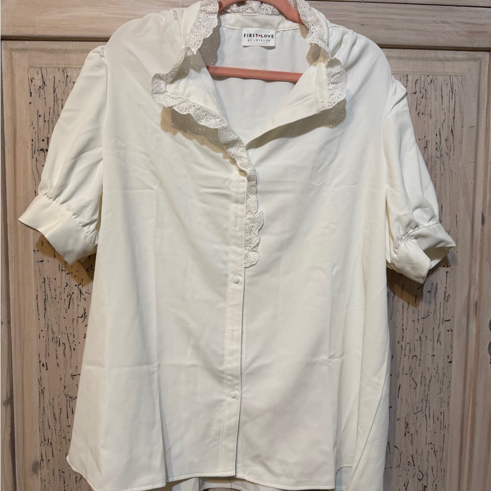 First Love Women's White Blouse with Lace Trim